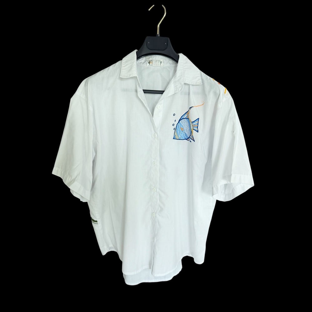 CC Sport Mens White Short Sleeve‎ Embroidered Tropical Fish Button Down Shirt L